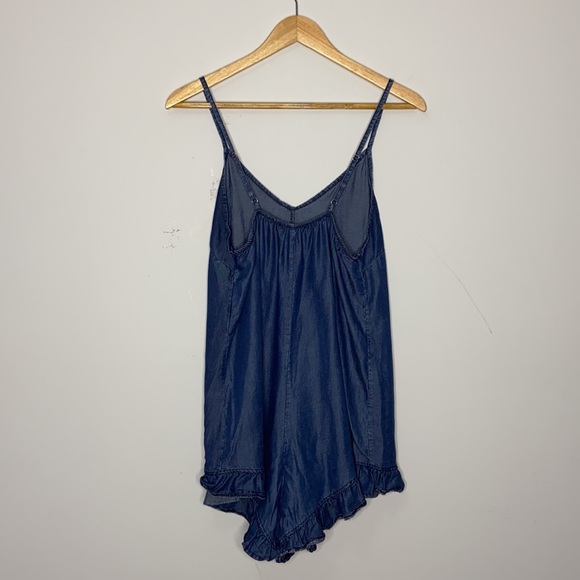Don’t Ask Why by American Eagle Dark Blue Chambray Ruffle Hem Tank Romper - Picture 5 of 9
